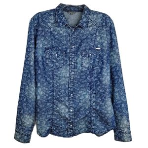 Guess Floral Blue Denim Marble Button Up Shirt Women's Size Extra Large XL